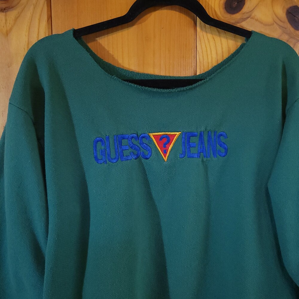 80s 90s Vintage vtg Guess Green Embroidered Crewneck Sweatshirt cut distressed